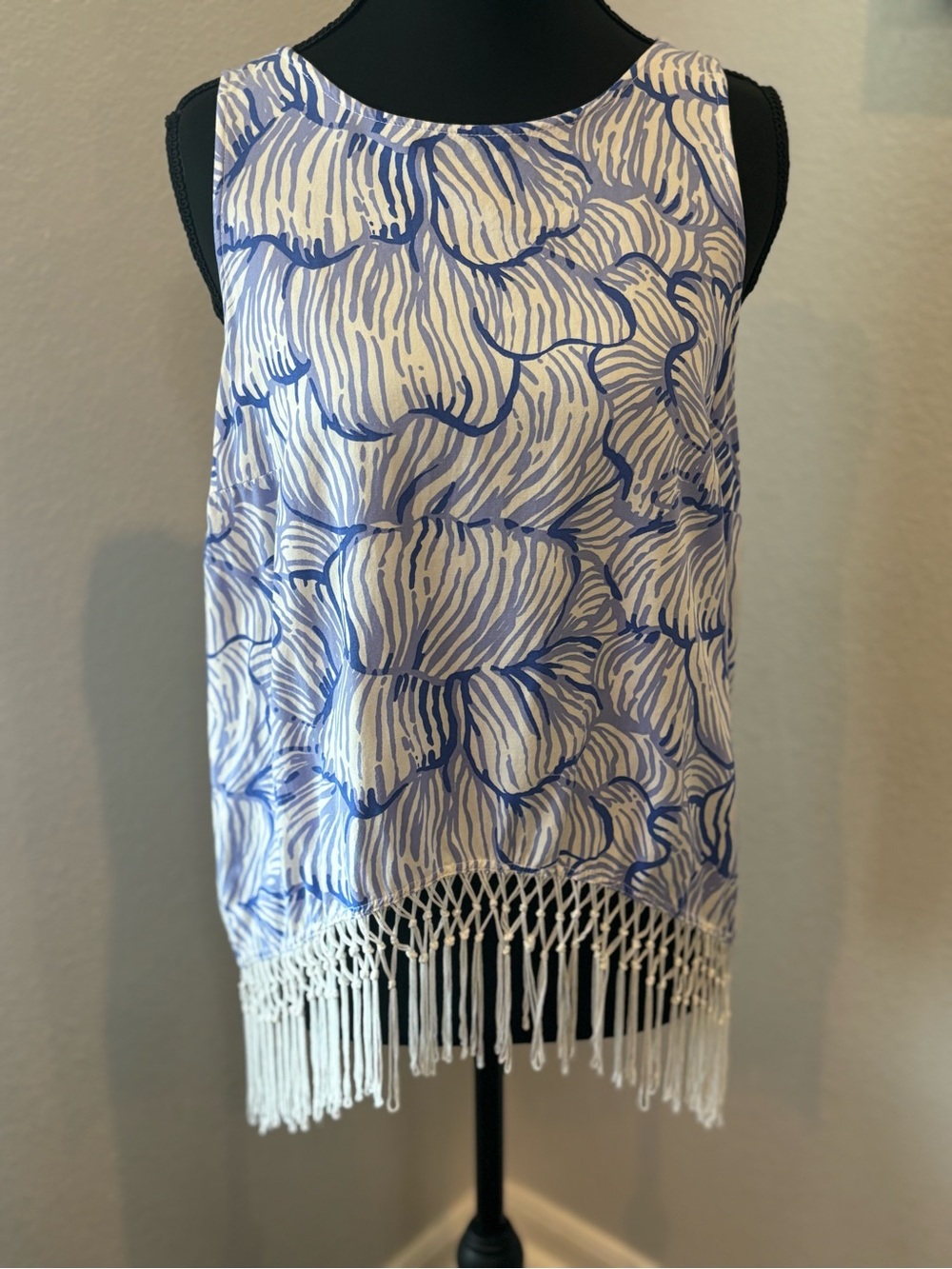 Lilly Pulitzer Blue and White Sonya Top With Fringe